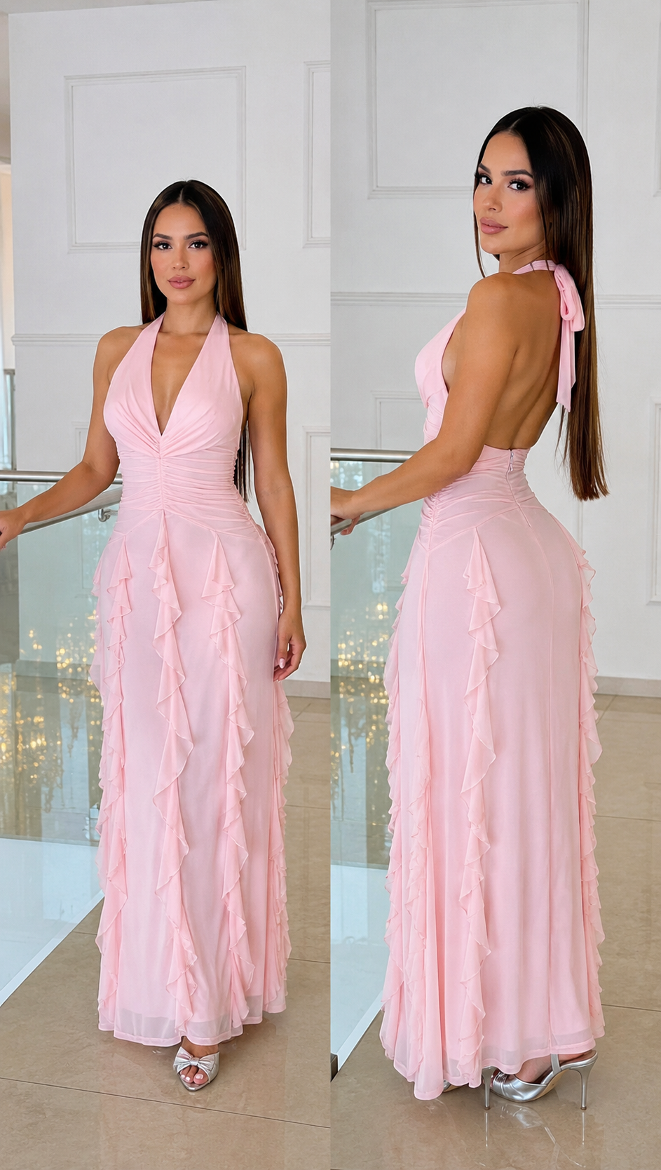 Vestido largo rosa con cuello halter, volantes y espalda descubierta, vistas frontal y posterior