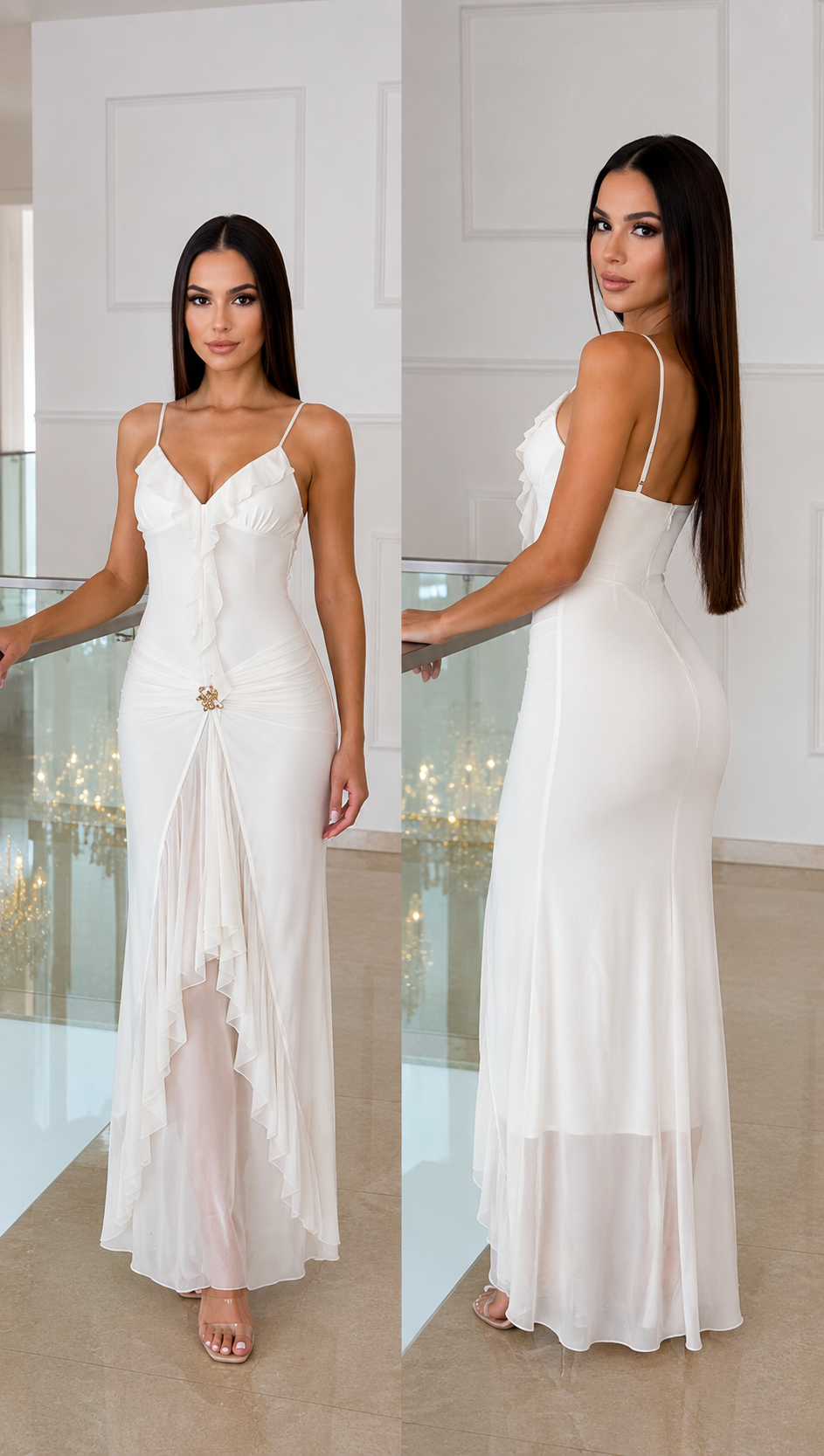 Vestido largo blanco con tirantes finos, volantes y detalle floral al frente, vistas frontal y posterior