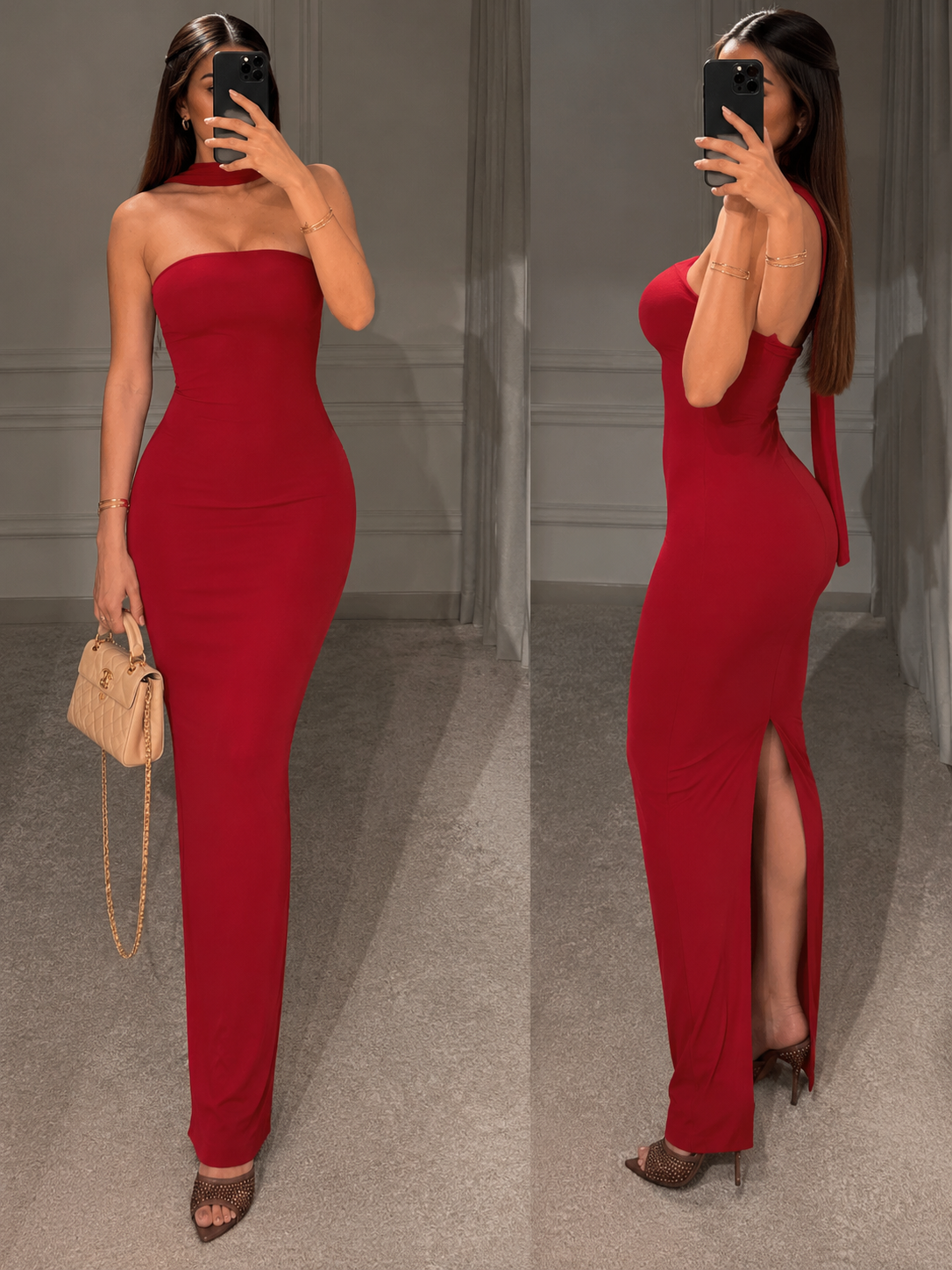 Vestido largo rojo sin tirantes de silueta entallada, vistas frontal y posterior