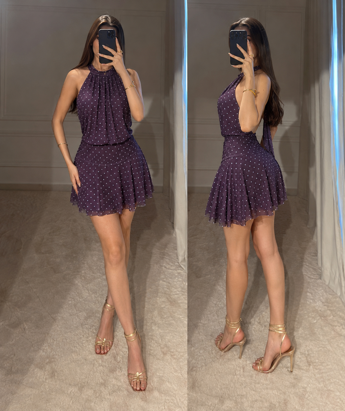 Vestido corto morado de pequeños puntos con cuello halter y falda con vuelo, vista frontal y lateral