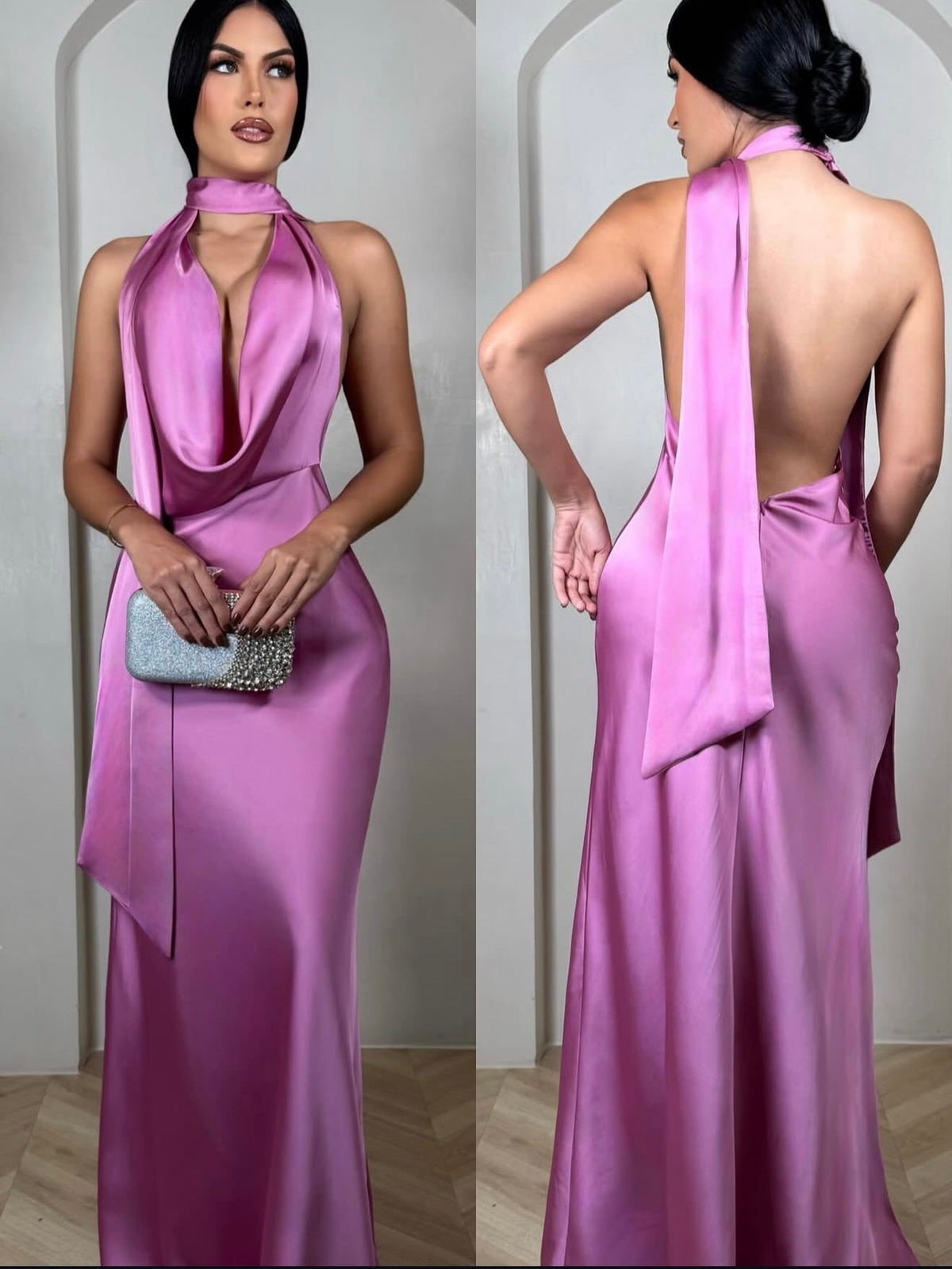 Vestido largo satinado rosa orquídea con espalda descubierta