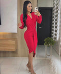 Vestido rojo midi con drapeado y manga larga – Talla L