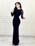 Vestido largo oscuro con brillo y mangas transparentes – Talla L