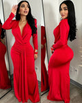 Vestido de noche rojo largo con drapeado y manga larga