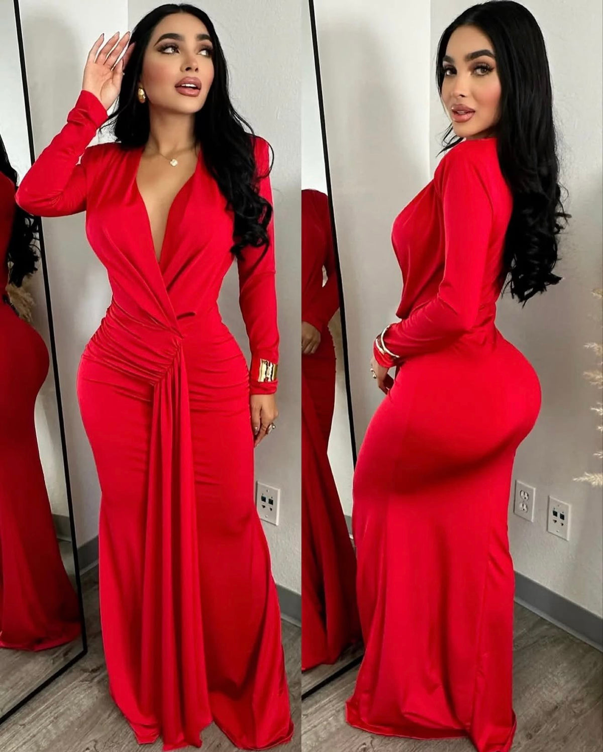 Vestido de noche rojo largo con drapeado y manga larga
