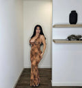 Vestido largo animal print con escote halter – Talla L