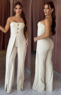 Palazzo marfil strapless con tres botones dorados, paneles largos y pantalón amplio, vistas frontal y posterior
