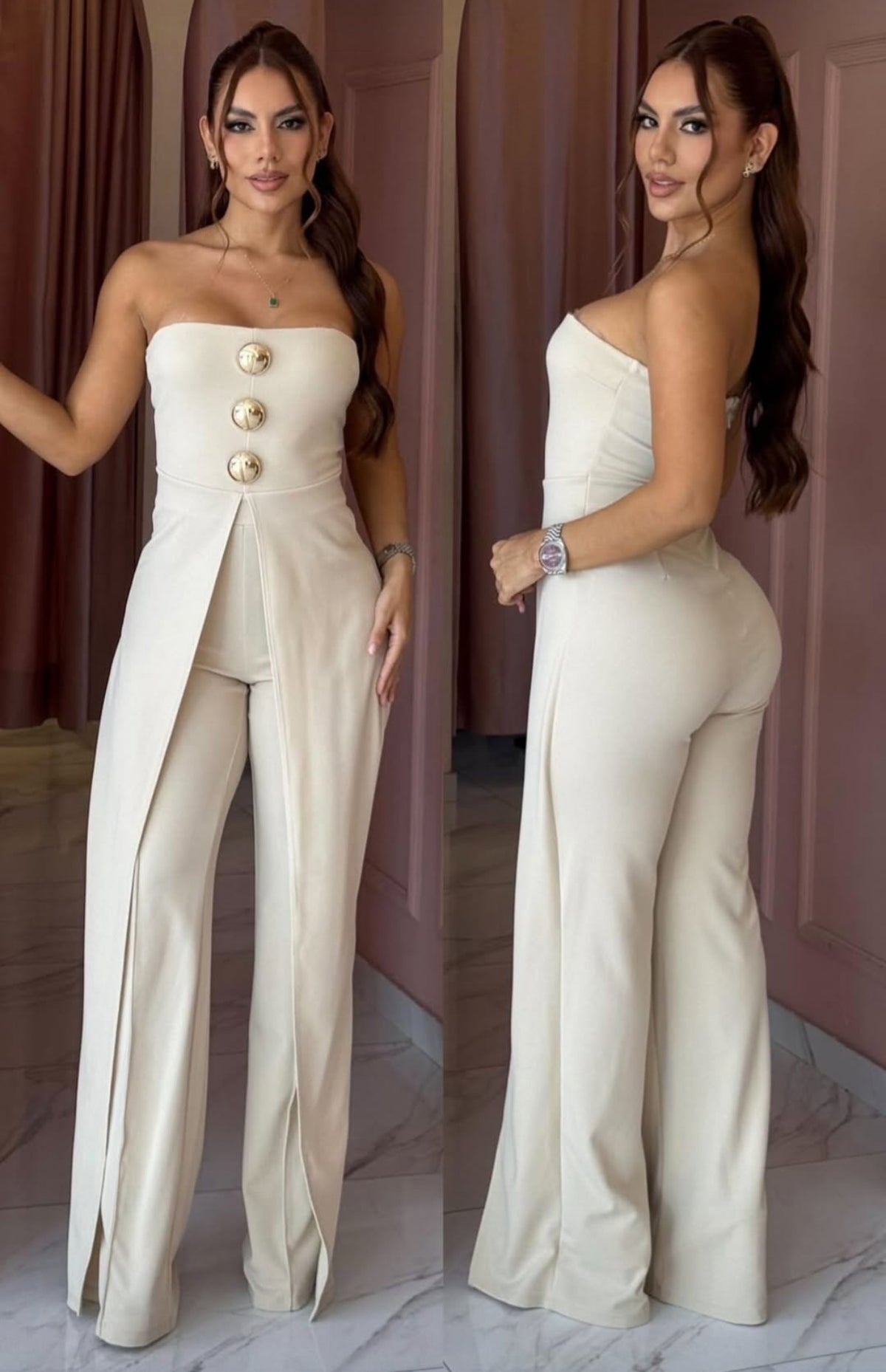 Palazzo marfil strapless con tres botones dorados, paneles largos y pantalón amplio, vistas frontal y posterior