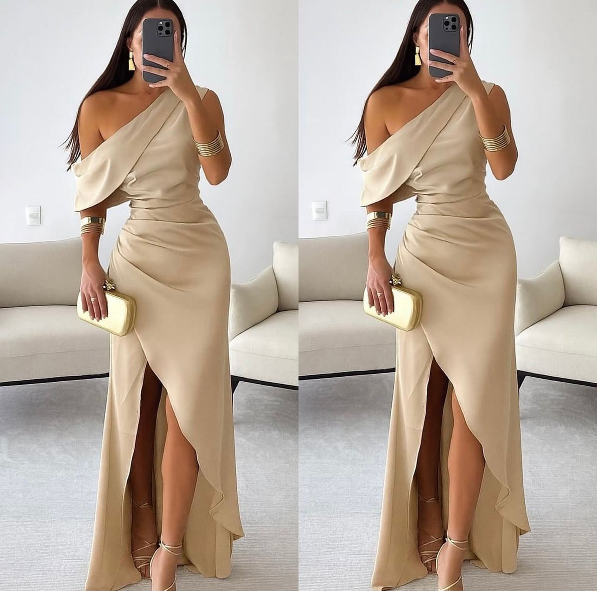 Vestido largo beige de un hombro con drapeado en cintura y abertura frontal