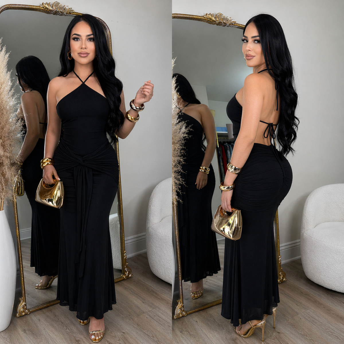 Vestido largo negro halter con drapeado frontal y espalda descubierta, visto de frente y de espalda