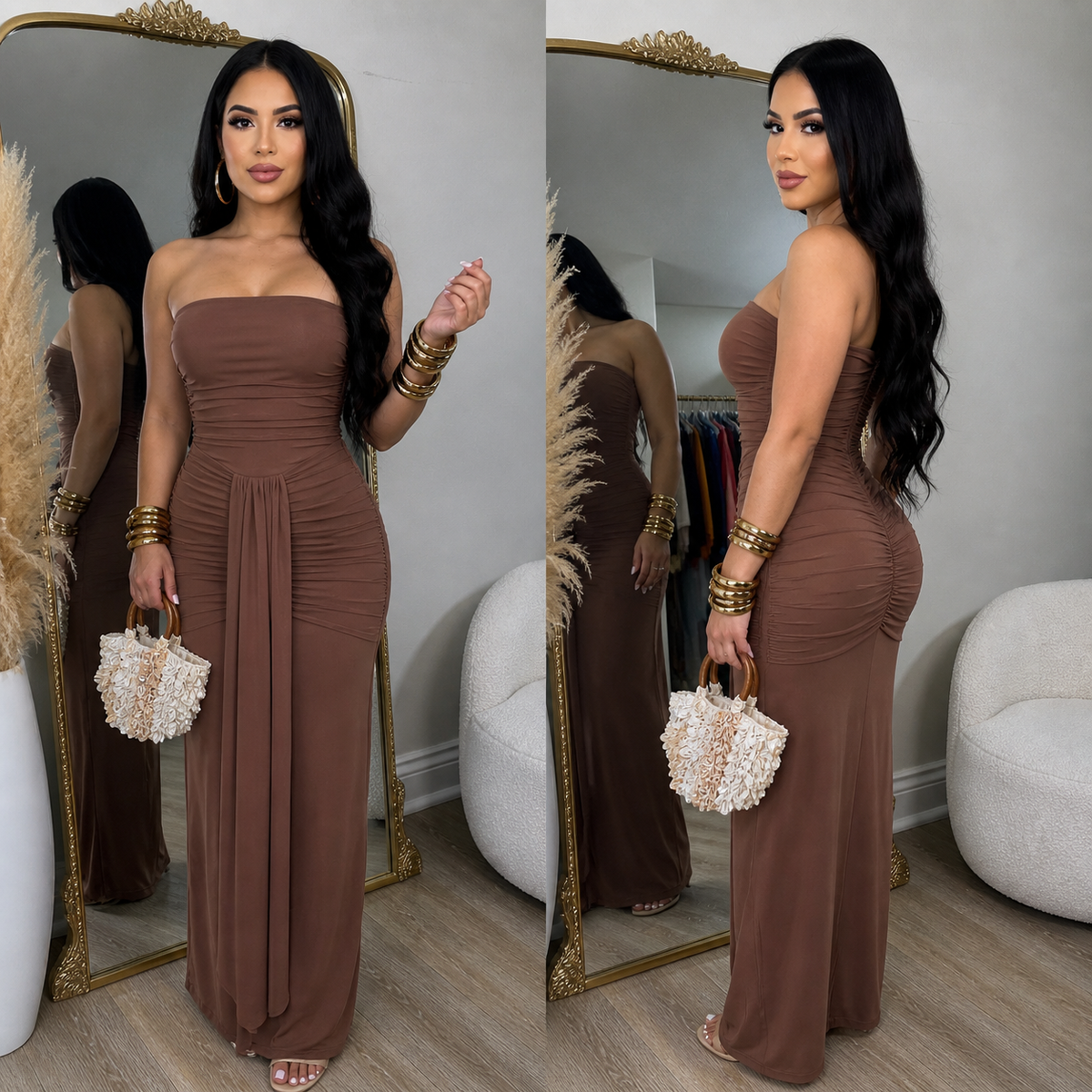 Vestido largo marrón strapless con fruncido y drapeado frontal, vistas frontal y posterior