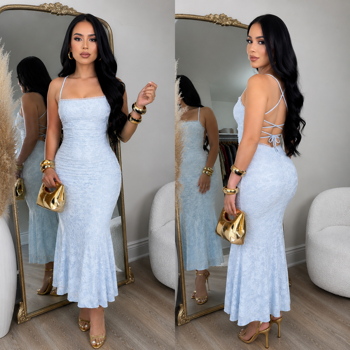 Vestido midi azul cielo de tirantes finos con espalda descubierta y cordones cruzados