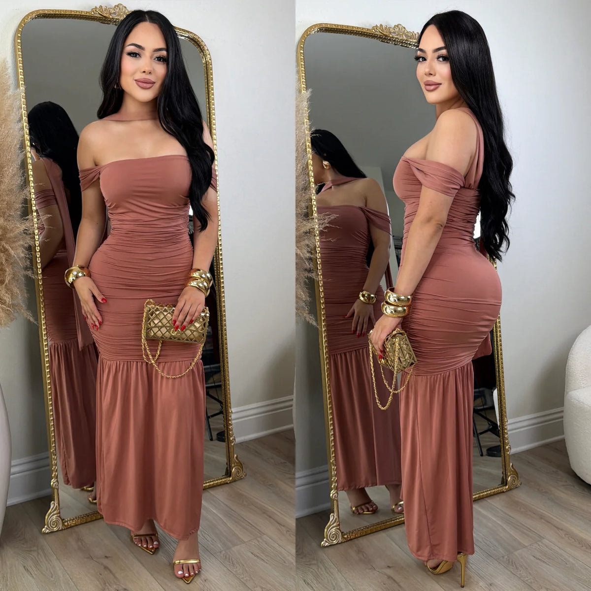 Vestido largo rosa terracota con hombros descubiertos, cuerpo fruncido y volante inferior