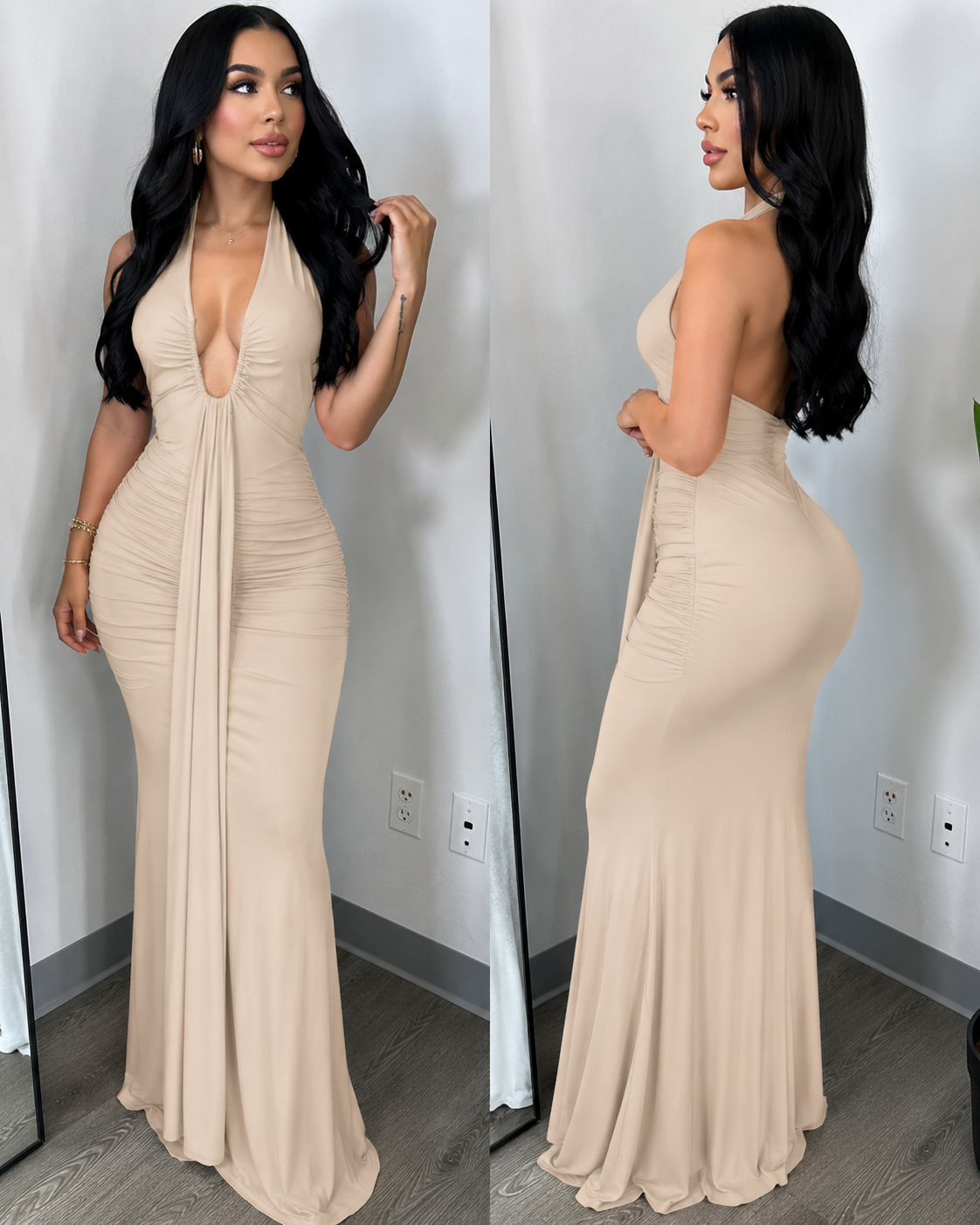 Vestido largo beige con escote halter profundo, drapeado frontal y espalda descubierta, vistas frontal y posterior